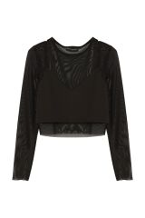 Tül Kol Detaylı Crop Bluz Siyah