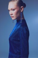 Dik Yaka Simli Bodysuit - SAX MAVİ