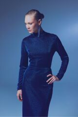 Dik Yaka Simli Bodysuit - SAX MAVİ